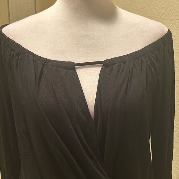 Krisa Women's S Wrapover Blouse Black Dressy Off Shoulder Micro Modal Top NWT - Picture 3 of 11